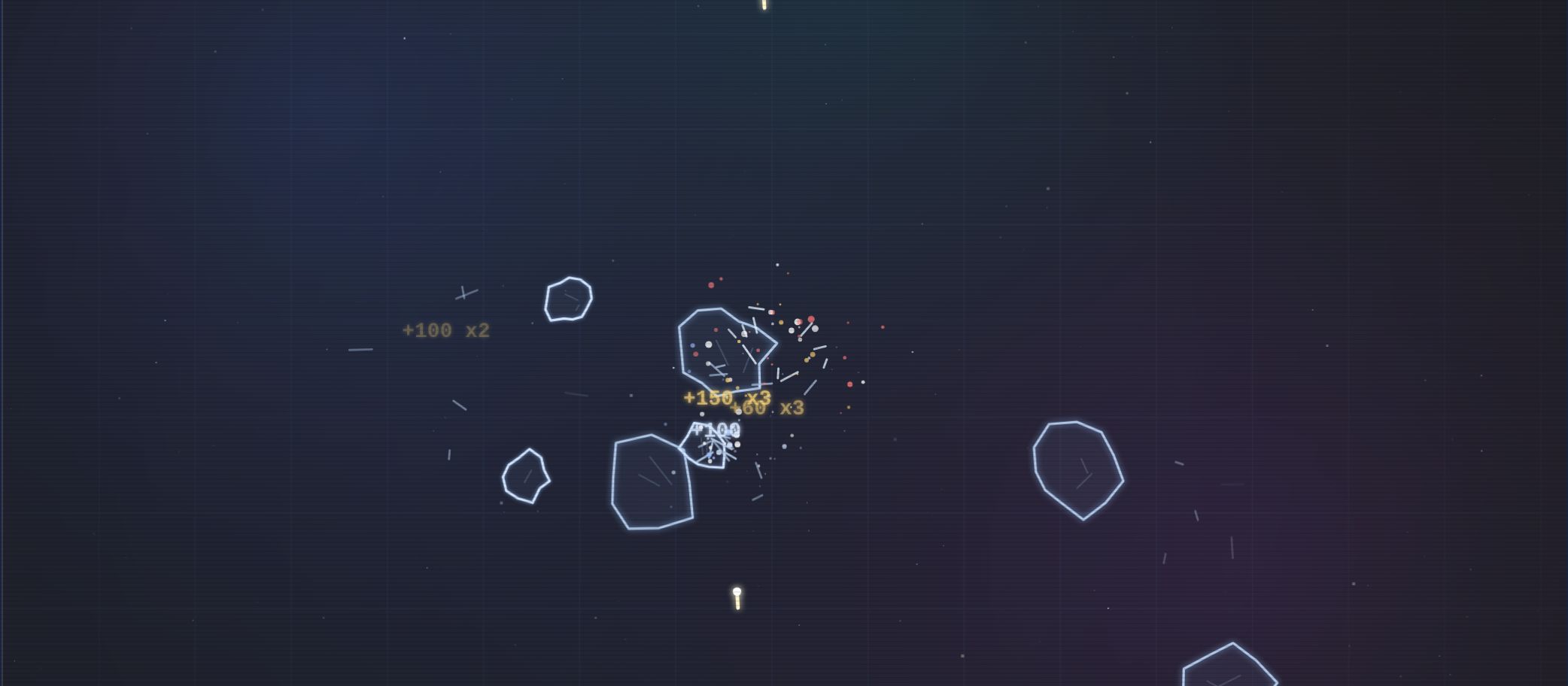 Asteroids gameplay: ship firing at rocks with a combo popup