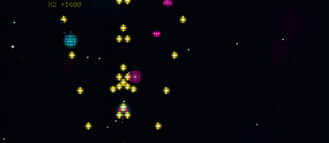 Stellar Vanguard gameplay: player ship trading fire with neon enemies, spread bullets and a combo popup