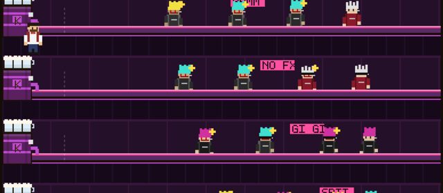 Tapper gameplay: patrons walking the length of a neon punk bar towards the bartender